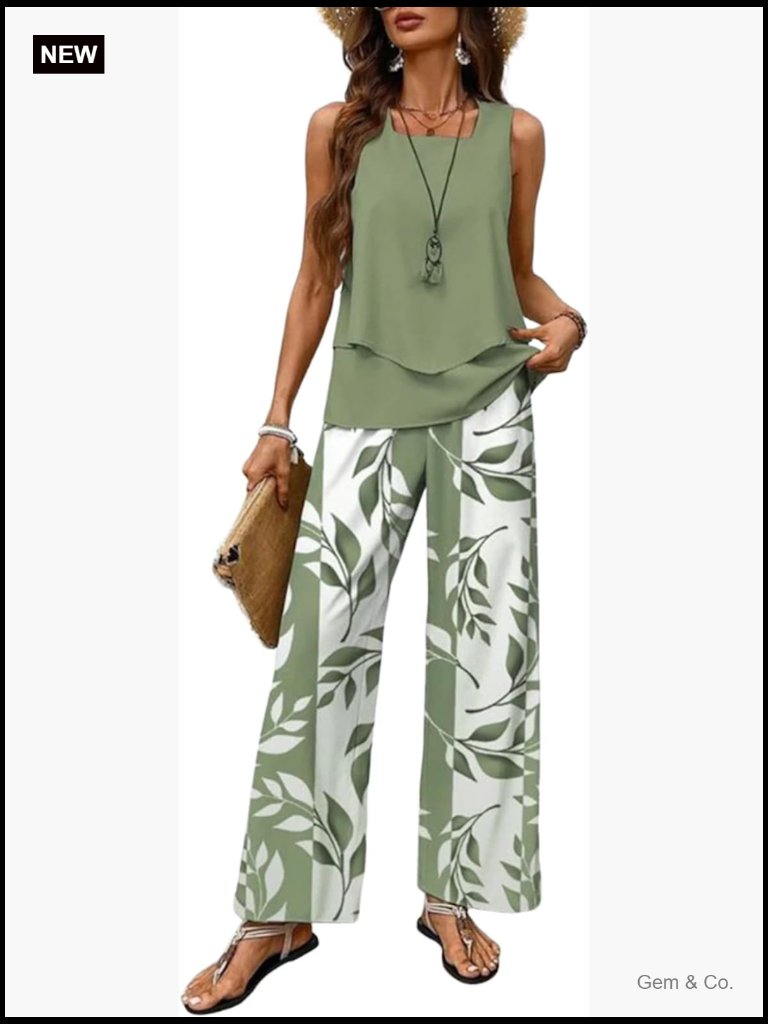 2-Piece Linen Blend Lounge Set: Vest Top & Wide Leg Pants, Travel Outfit